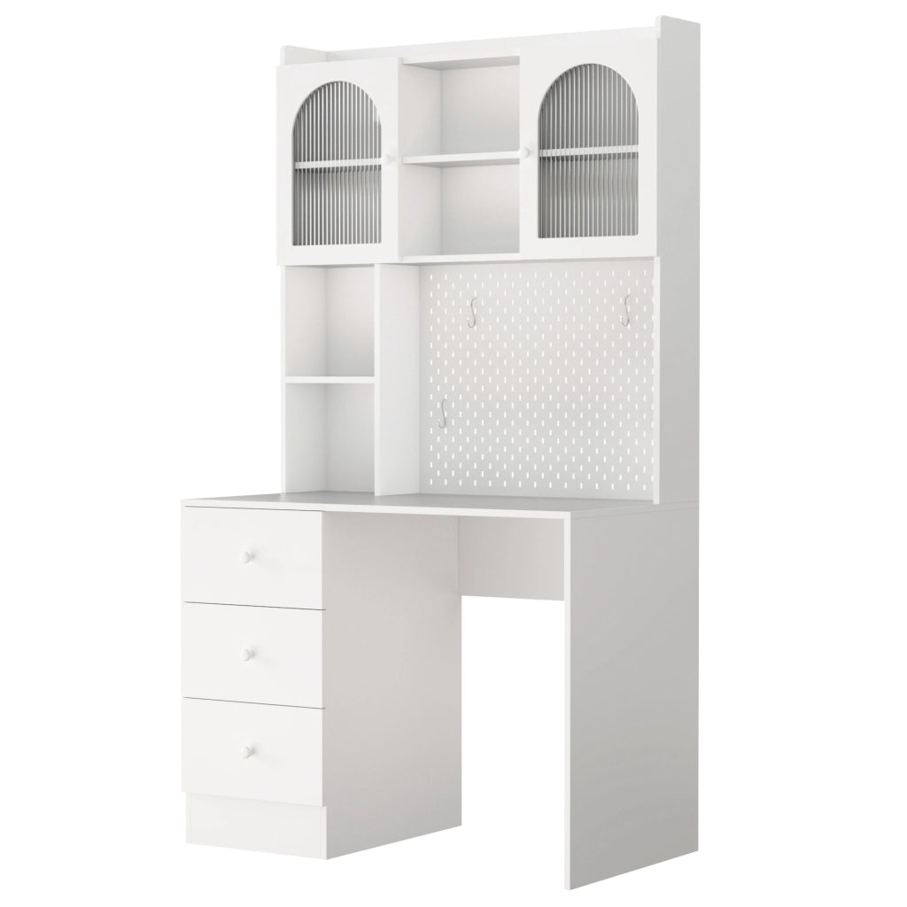 Scrivania dritta con vetrina, pannello portautensili e 3 cassetti, per studio, in MDF bianco, 100 × 55 × 180 cm