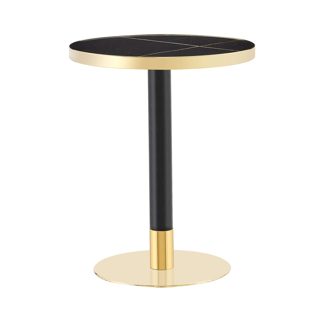 Tavolino Rotondo con Piano Effetto Marmo, Bordo Dorato e Struttura in Metallo Nero/Oro, Ø 60 cm, Altezza 73,7 cm