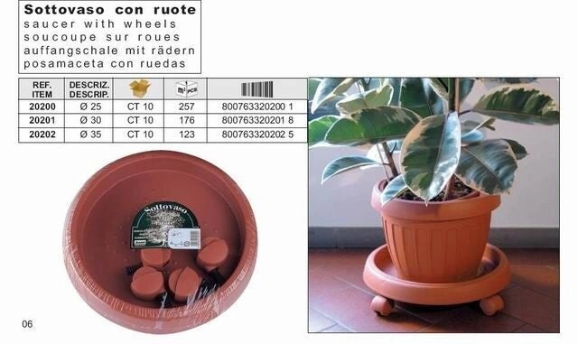 Sottovaso in plastica con ruote colore terracotta 30 cm bama