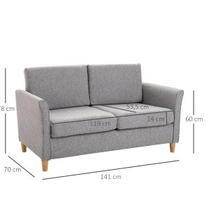 Divano 2 posti 141x70x78 cm in lino grigio chiaro, cuscini sfoderabili