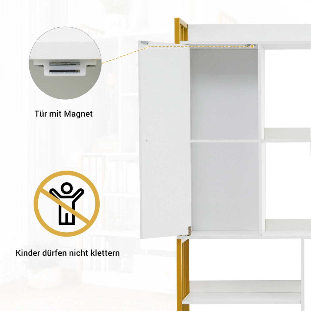 Libreria con ripiani aperti cassetti e vani chiusi in pannello di particelle bianco e oro
