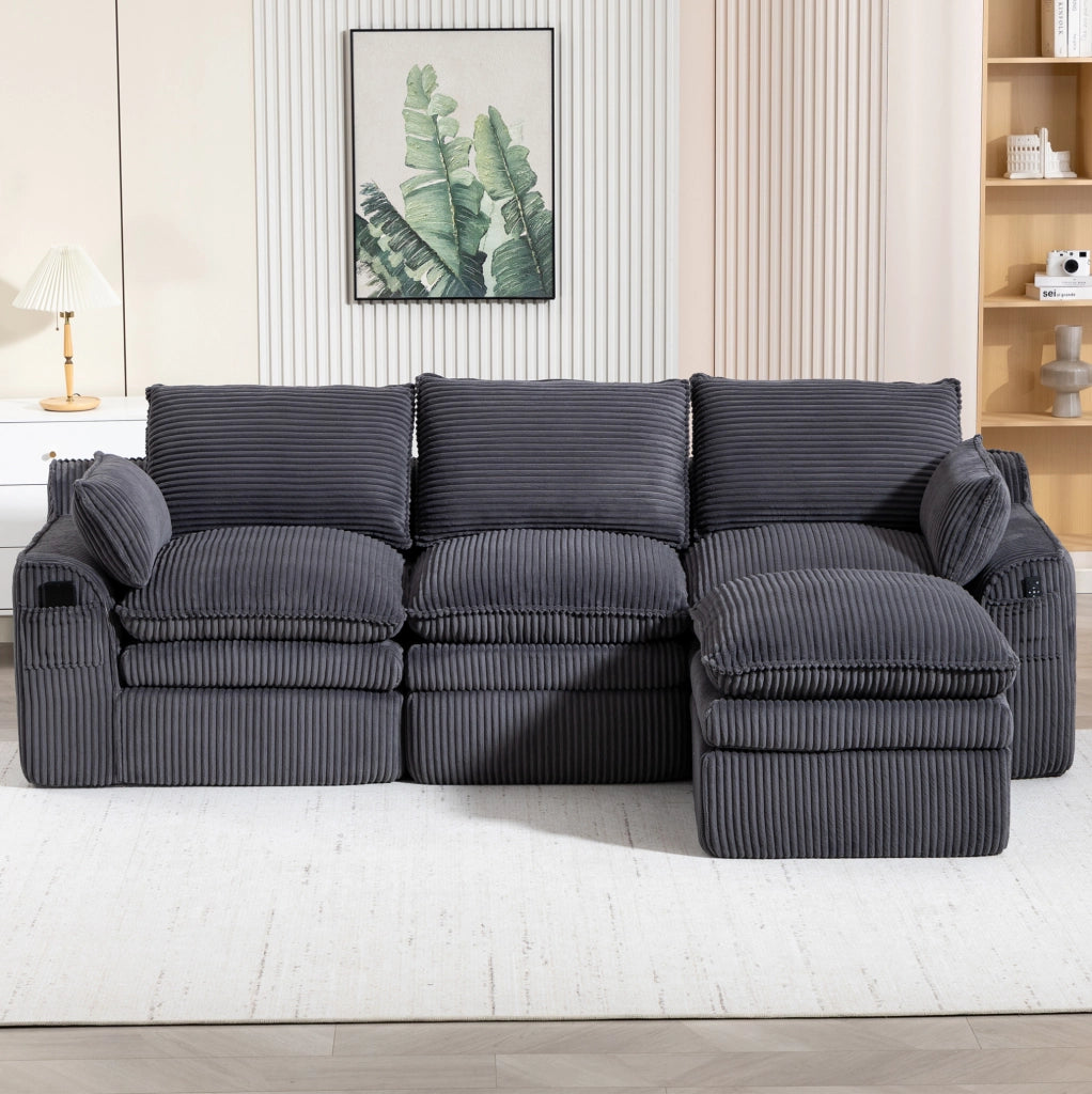 Divano modulare 3 posti in velluto a coste con pouf, cuscini e doppie tasche laterali, schiuma a 3 strati con molle per rapido ritorno elastico, colore grigio scuro, 263x167x85 cm