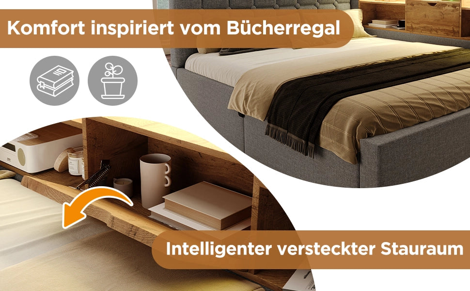 Letto Imbottito Singolo con LED e Contenitore Idraulico ¨C MINIMAL ¨C Testiera L, Tessuto Grigio, 90x200