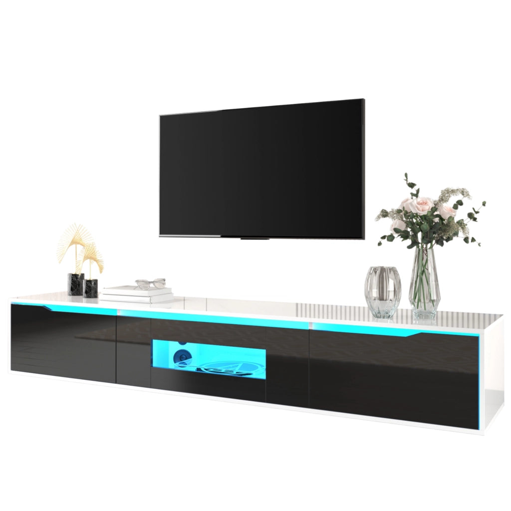 Mobile TV moderno nero e bianco lucido con LED multicolore, 180 cm
