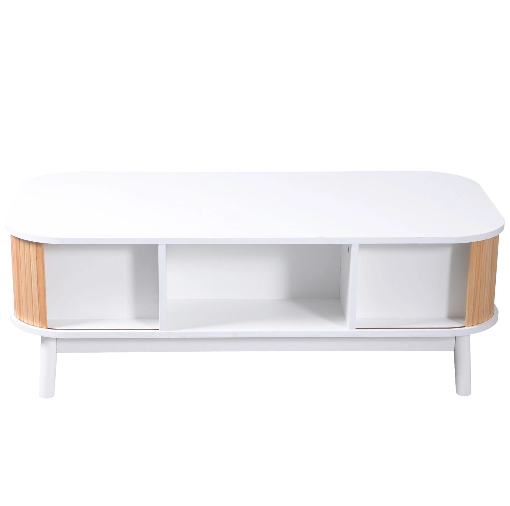 Tavolino da caffè in rattan e legno massello con cassetti e ante scorrevoli, 110x55x38,5 cm, stile naturale