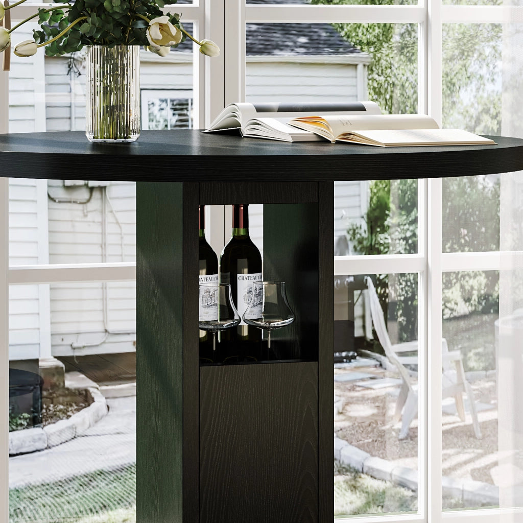 Tavolo da pranzo rotondo con 2 sgabelli e vano contenitore per cucina, in truciolare e acciaio nero, diametro 80 cm