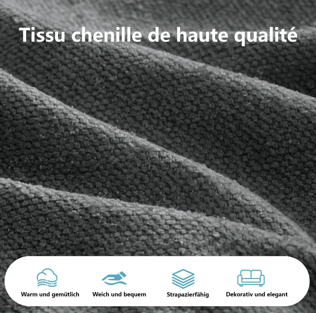 Divano modulare quattro posti in tessuto chenille grigio, senza struttura, dimensioni extra large con chaiselongue profonda e cuscini inclusi