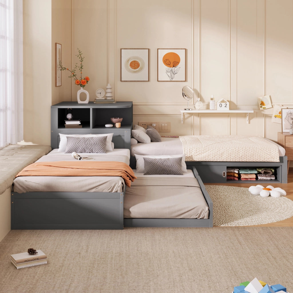 Letto a piattaforma a L 90x200 cm con letto estraibile e contenitore con porta scorrevole, luce notturna inclusa, Grigio