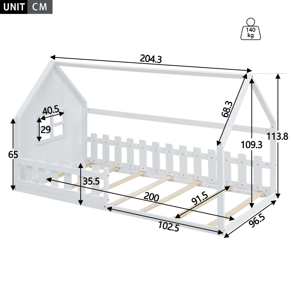 Letto a casetta 90 × 200 cm per bambini con rete a doghe in legno di pino e MDF bianco struttura bassa