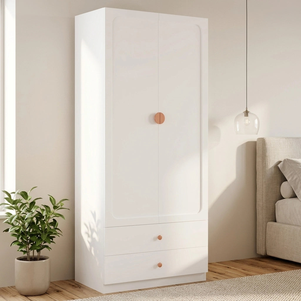 Armadio a 2 ante con 2 cassetti e appendiabiti in MDF legno e acciaio bianco per camera 90 × 45 × 200 cm