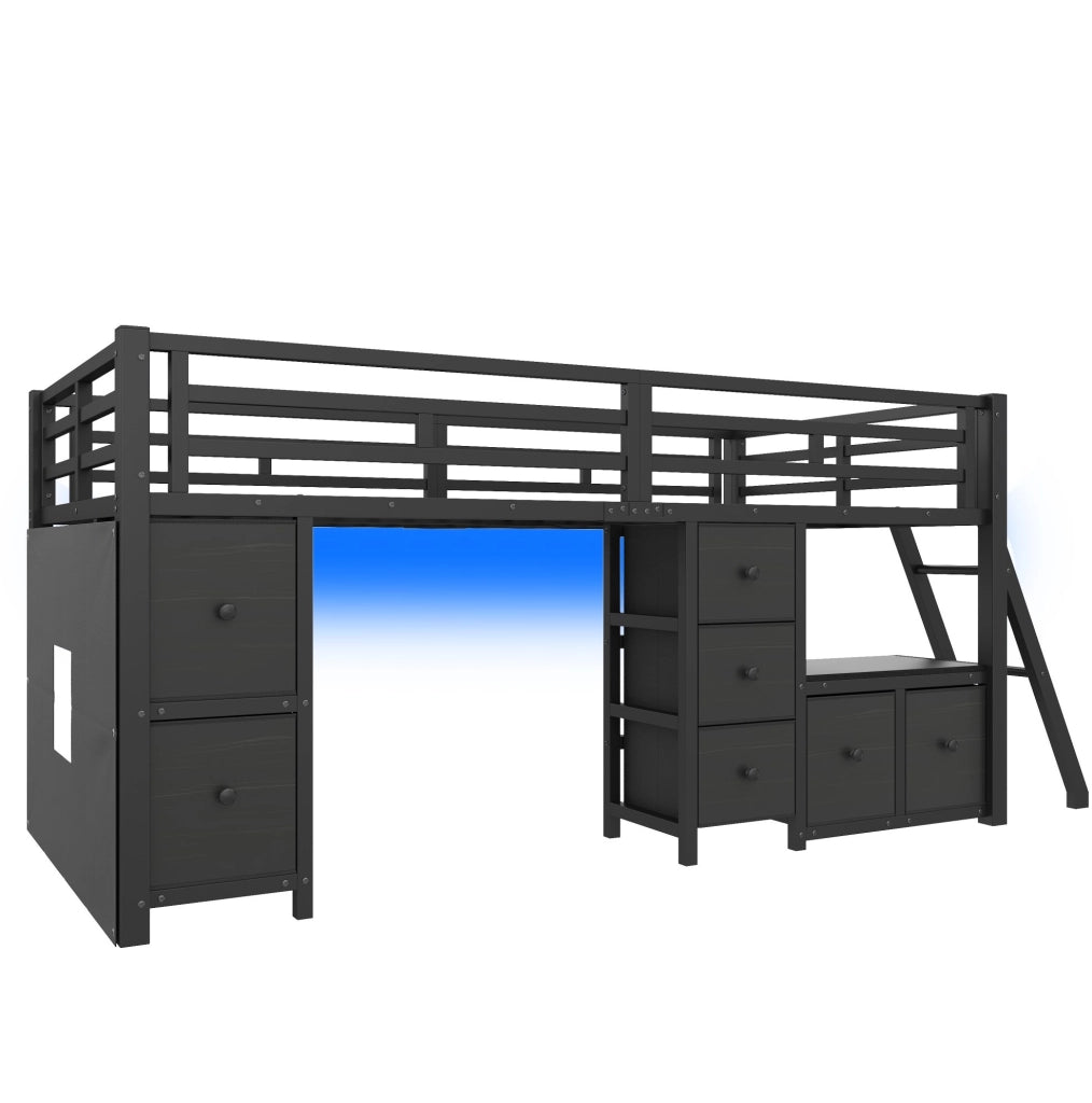 Letto a soppalco basso 90x200 cm con 7 cassetti e LED nero HOMVRA