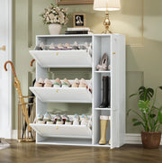 Scarpiera bianca 90x25x114 cm con 3 ribalte e anta laterale