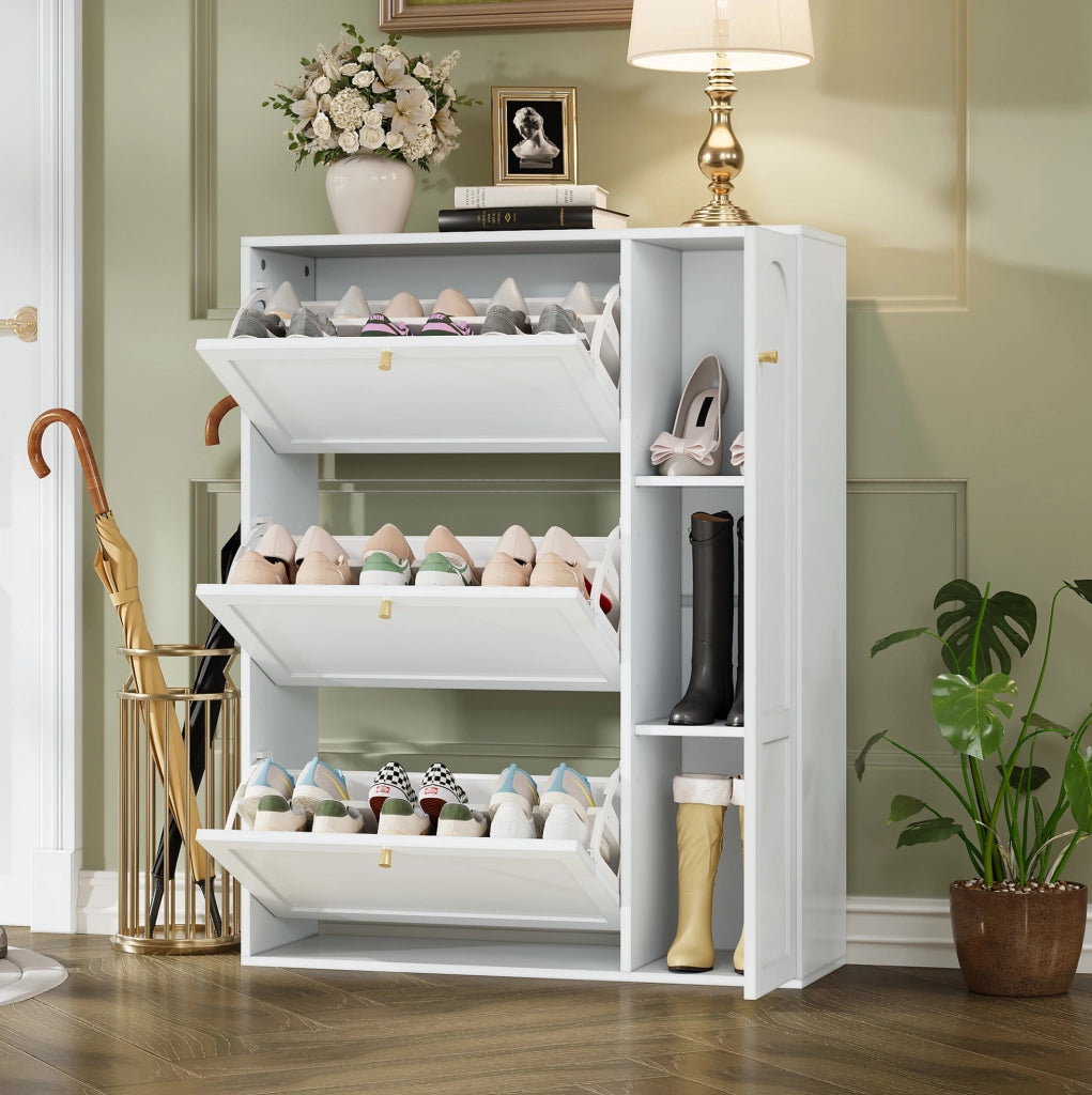 Scarpiera bianca 90x25x114 cm con 3 ribalte e anta laterale