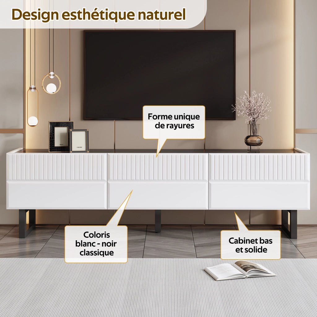 Mobile TV con cassetti; gambe in ferro e piano lucido in MDF e pannello truciolare nero e bianco 170 × 35 × 47 cm