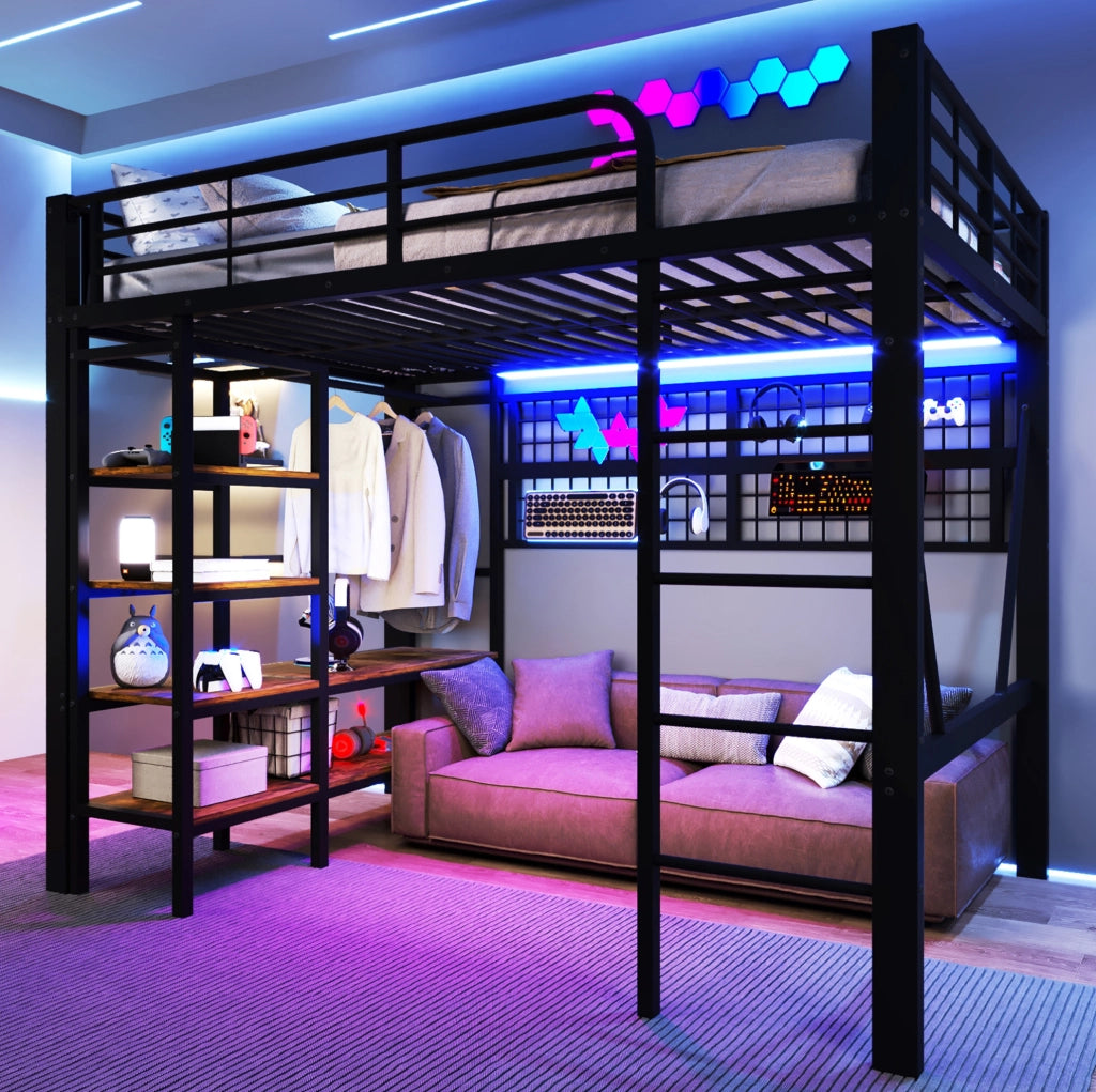 Letto a soppalco 140x200 cm in metallo nero con LED; ripiano e rete appendioggetti HOMVRA