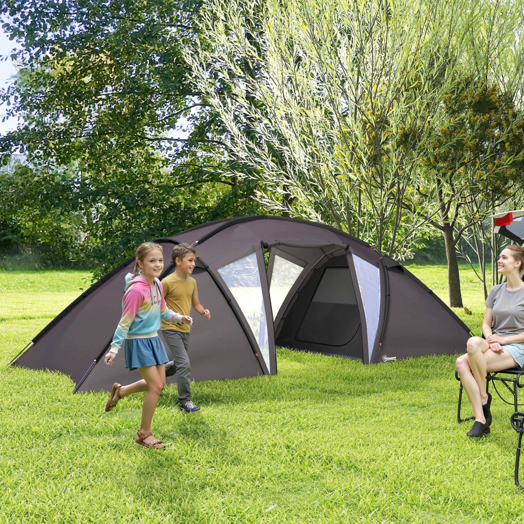 Tenda da Campeggio Familiare a Tunnel per 4-6 Persone in Poliestere Nero, Impermeabile 3000 mm con 2 Porte e Borsa di Trasporto
