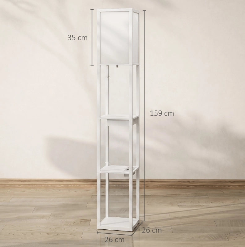 Lampada da terra bianca in MDF con 3 ripiani, interruttore a pedale e porte USB