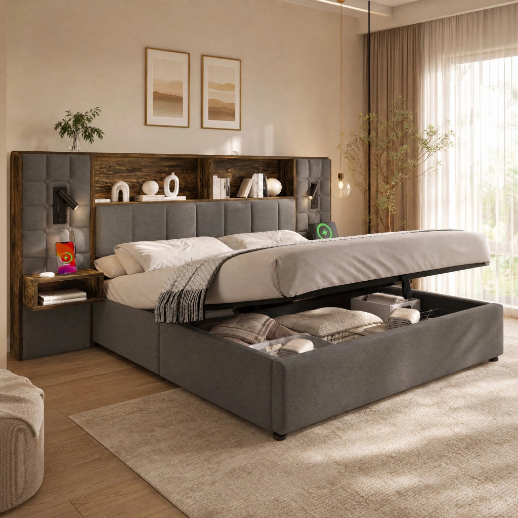 Letto matrimoniale 160x200 cm con contenitore; LED; lampade da lettura; USB e Type-C; grigio