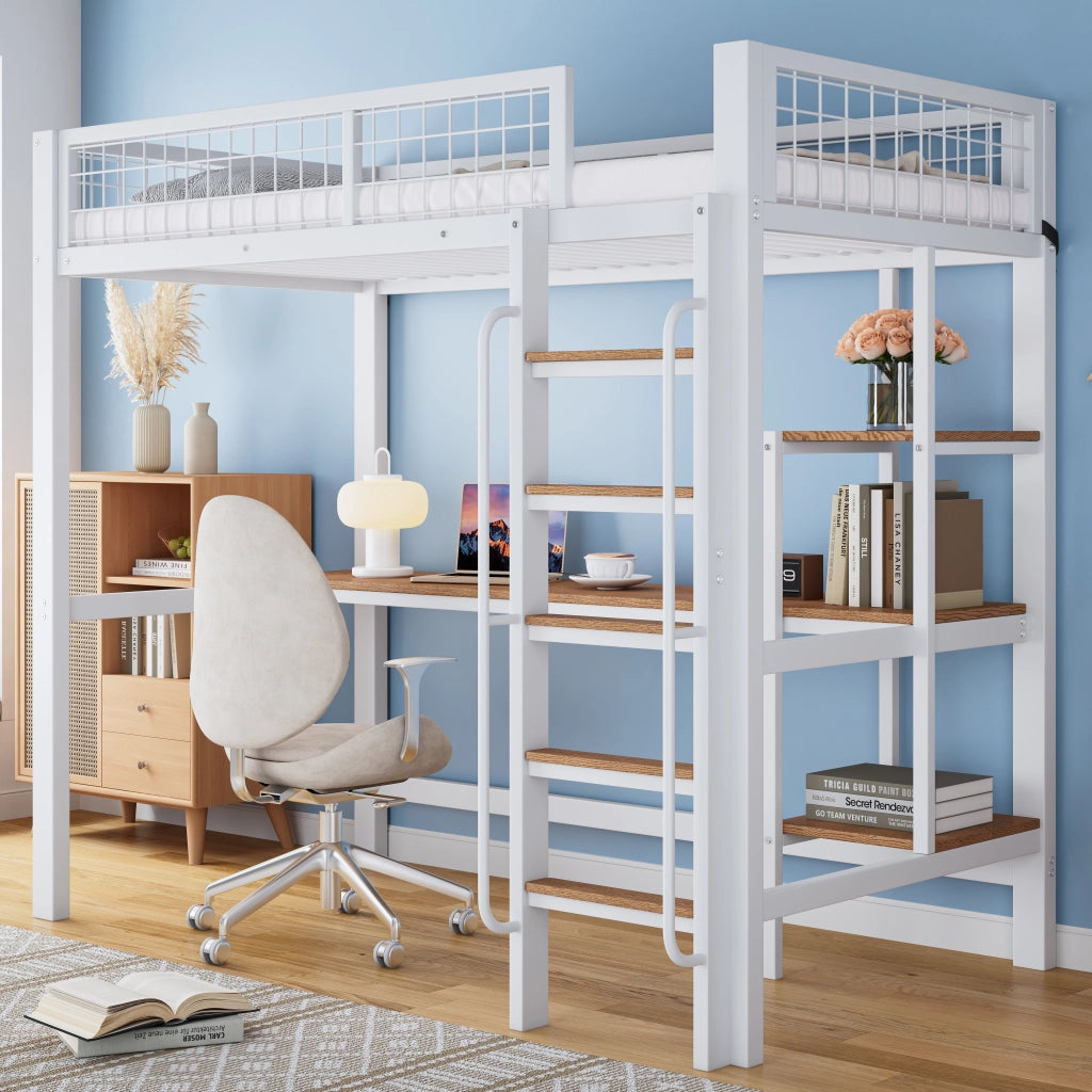 Letto a soppalco 90 × 200 cm con scrivania, scaffali e scala a 5 gradini, senza materasso, bianco naturale