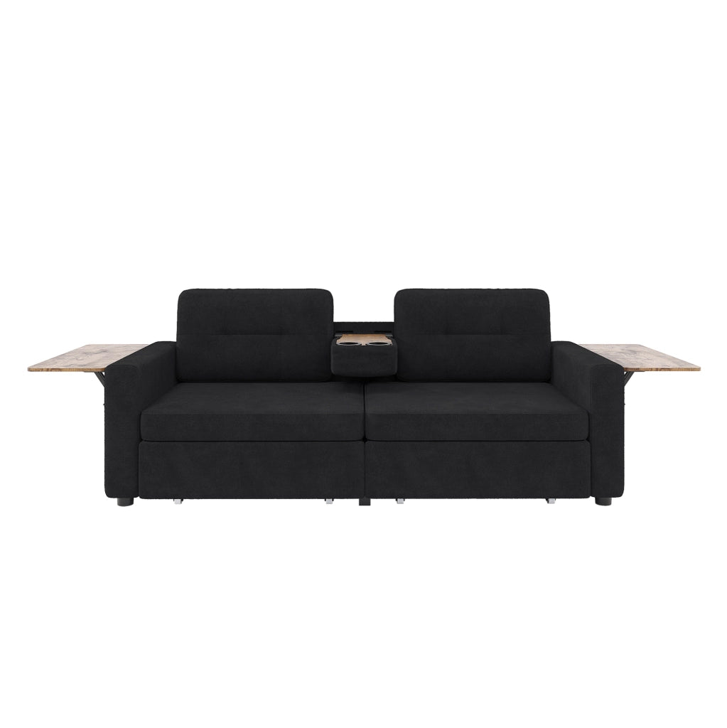 Divano a due posti in chenille nero con tavolino estraibile, cassetti contenitori e portabicchieri, 178x71x57,5 cm