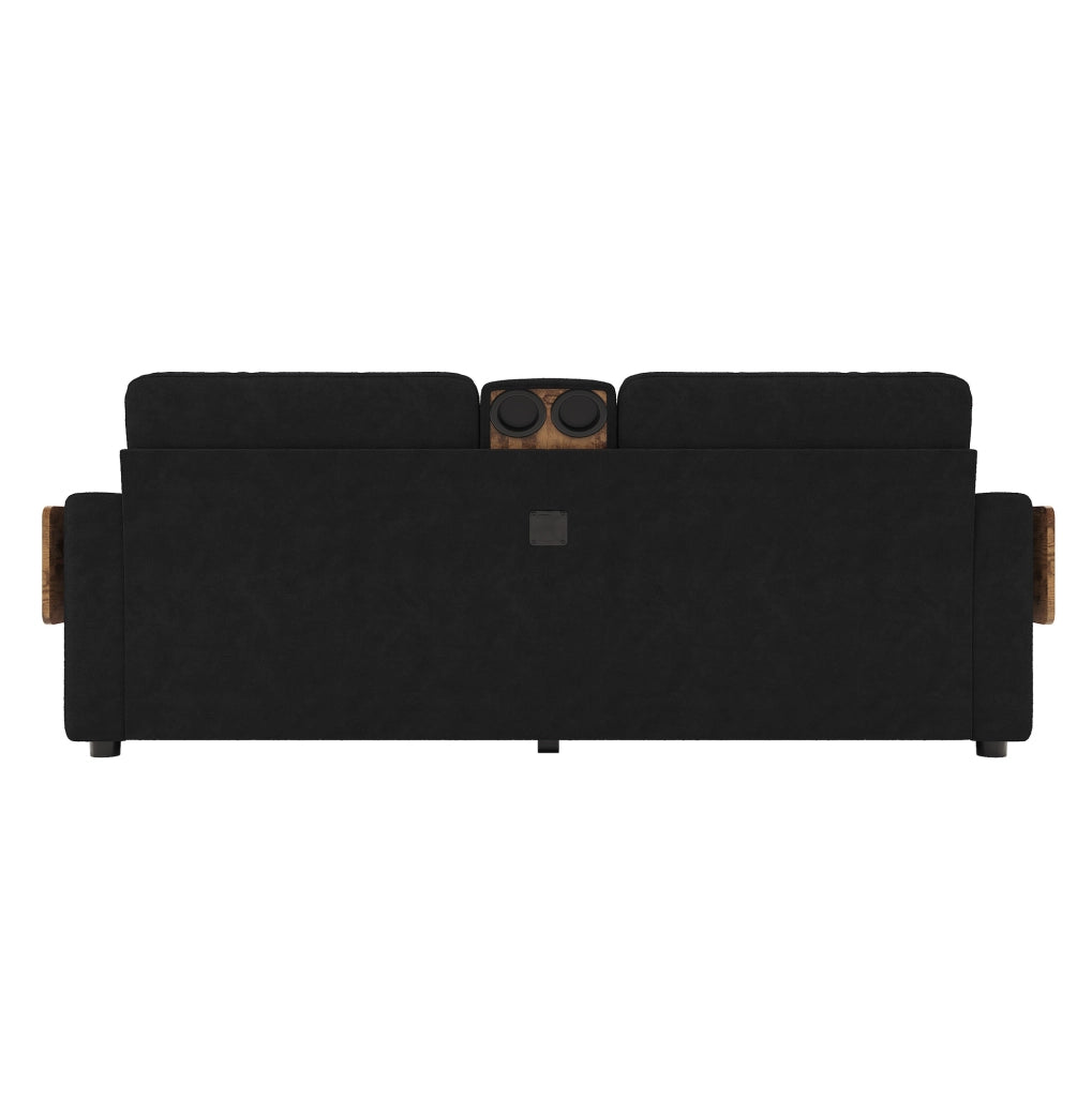 Divano a due posti in chenille nero con tavolino estraibile, cassetti contenitori e portabicchieri, 178x71x57,5 cm