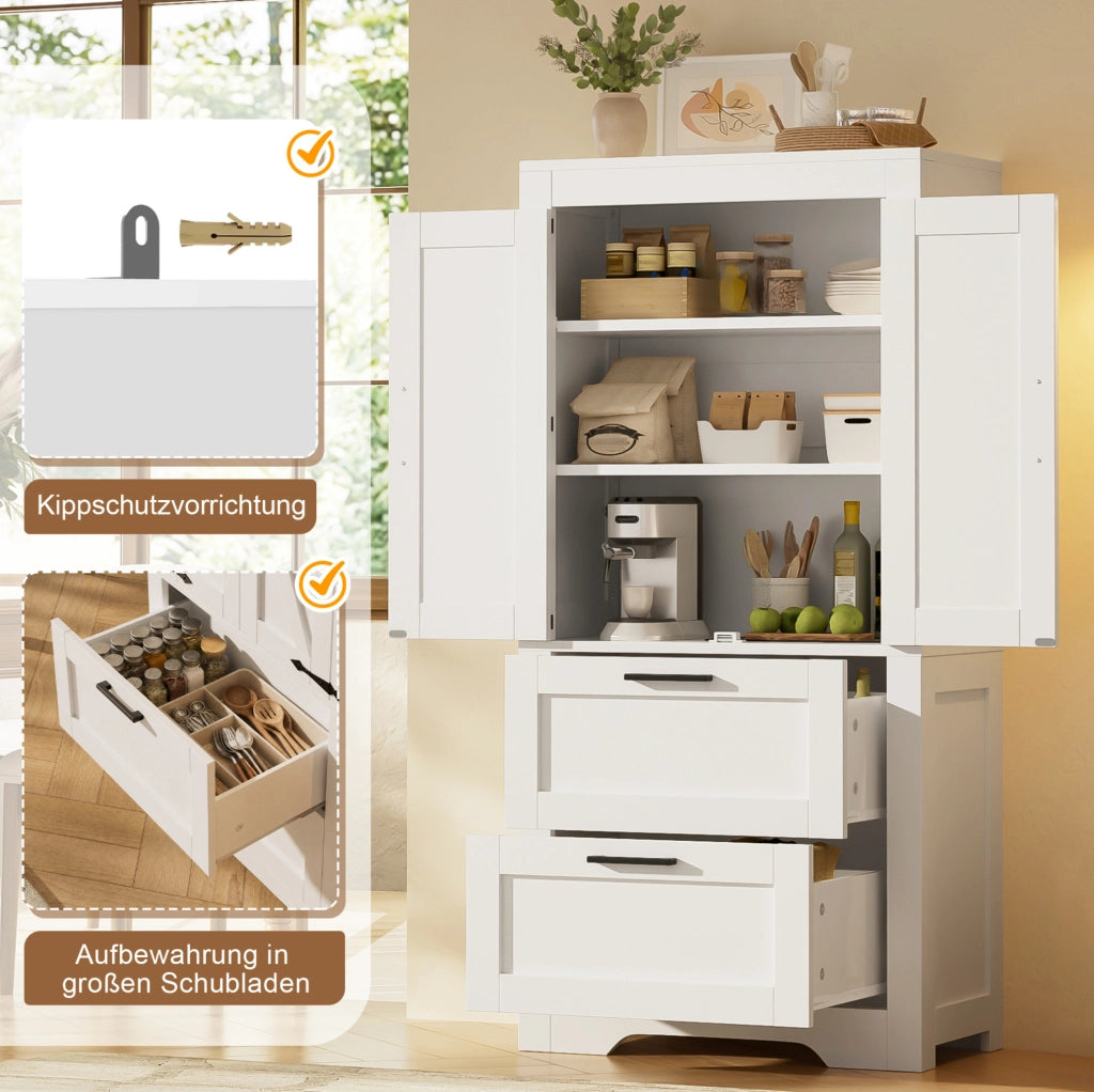 Credenza alta 60x30x128 cm con 2 cassetti e ripiani regolabili in MDF e truciolare; bianca