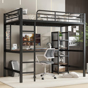 Letto a soppalco 90 × 200 cm con scrivania armadio a cinque ripiani griglia metallica in metallo e MDF nero noce scuro