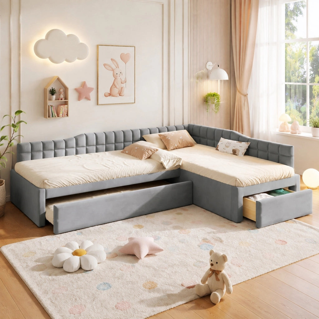 LETTO Imbottito a L 90x200 cm con Letto Estraibile e Cassetti Grigio