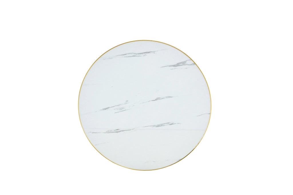 Tavolino da divano rotondo con piano UV effetto marmo bordo in acciaio inox dorato bianco 75 × 71 × 23 cm
