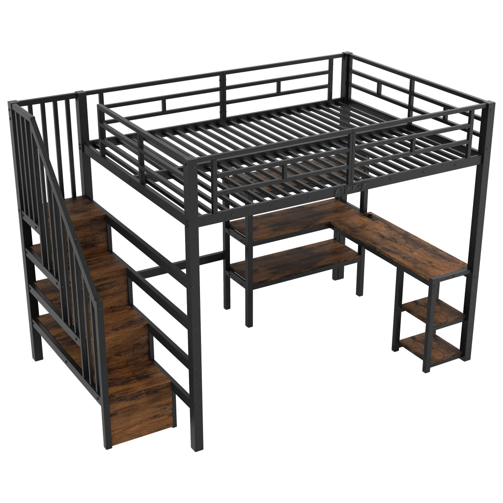 Letto a soppalco in metallo 140x200 cm con scala, scrivania integrata, vani portaoggetti, porta USB e luce LED, nero