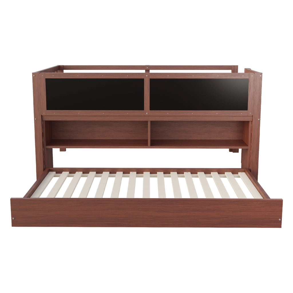 Letto a soppalco bambino 90×200 cm estraibile con lavagna; ripiani e scaletta; senza materasso; legno; marrone