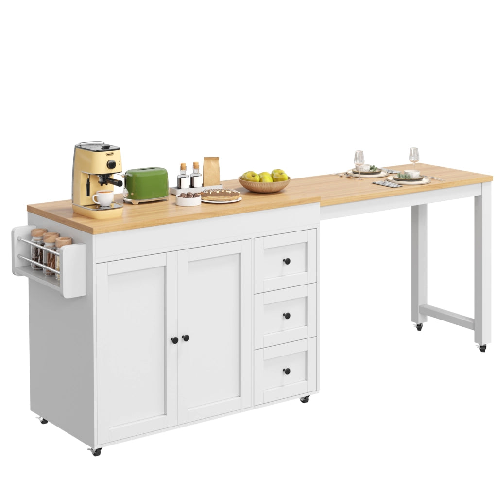Isola da cucina mobile allungabile 116-179,5 cm con 3 cassetti, ripiani laterali snack e ruote, bianco/nero