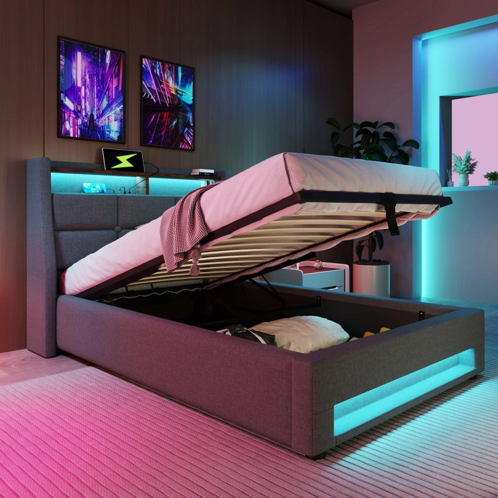 DESMIU Lit simple 90 × 200 cm con USB, LED, vano sollevabile, materasso incluso, in lino, grigio