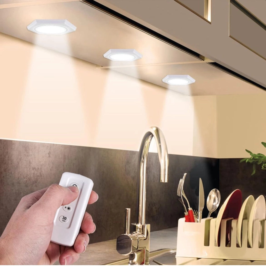 SET 3 FARETTI LED LIGHT CON TELECOMANDO CONTROL REMOTE PER SOFFITTO ARMADIO F16