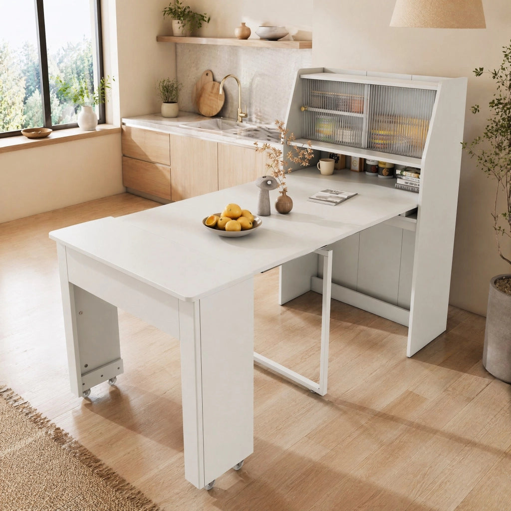 Tavolo da pranzo allungabile bianco con vano contenitore e ripiani per ottimizzare lo spazio