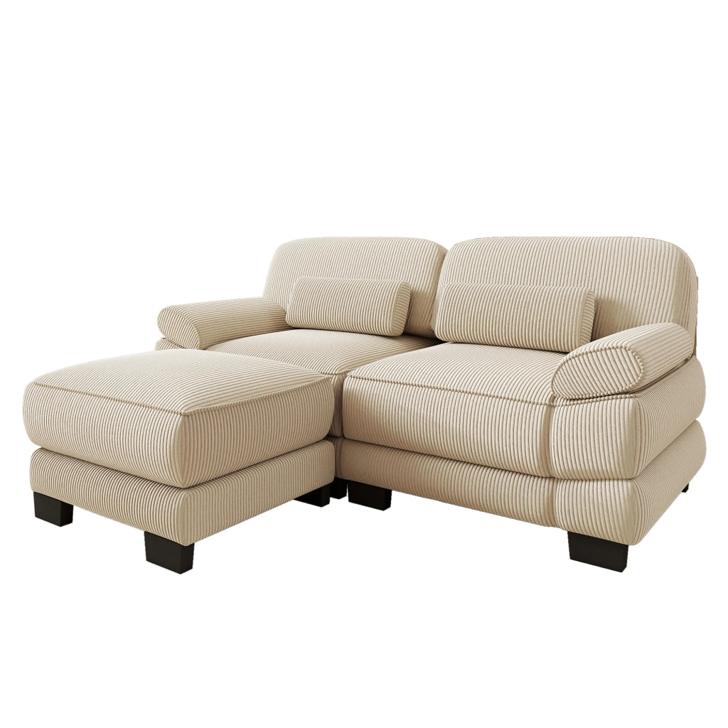 Divano modulare angolare con pouf in velluto a coste beige; 194 x 161 x 94 cm