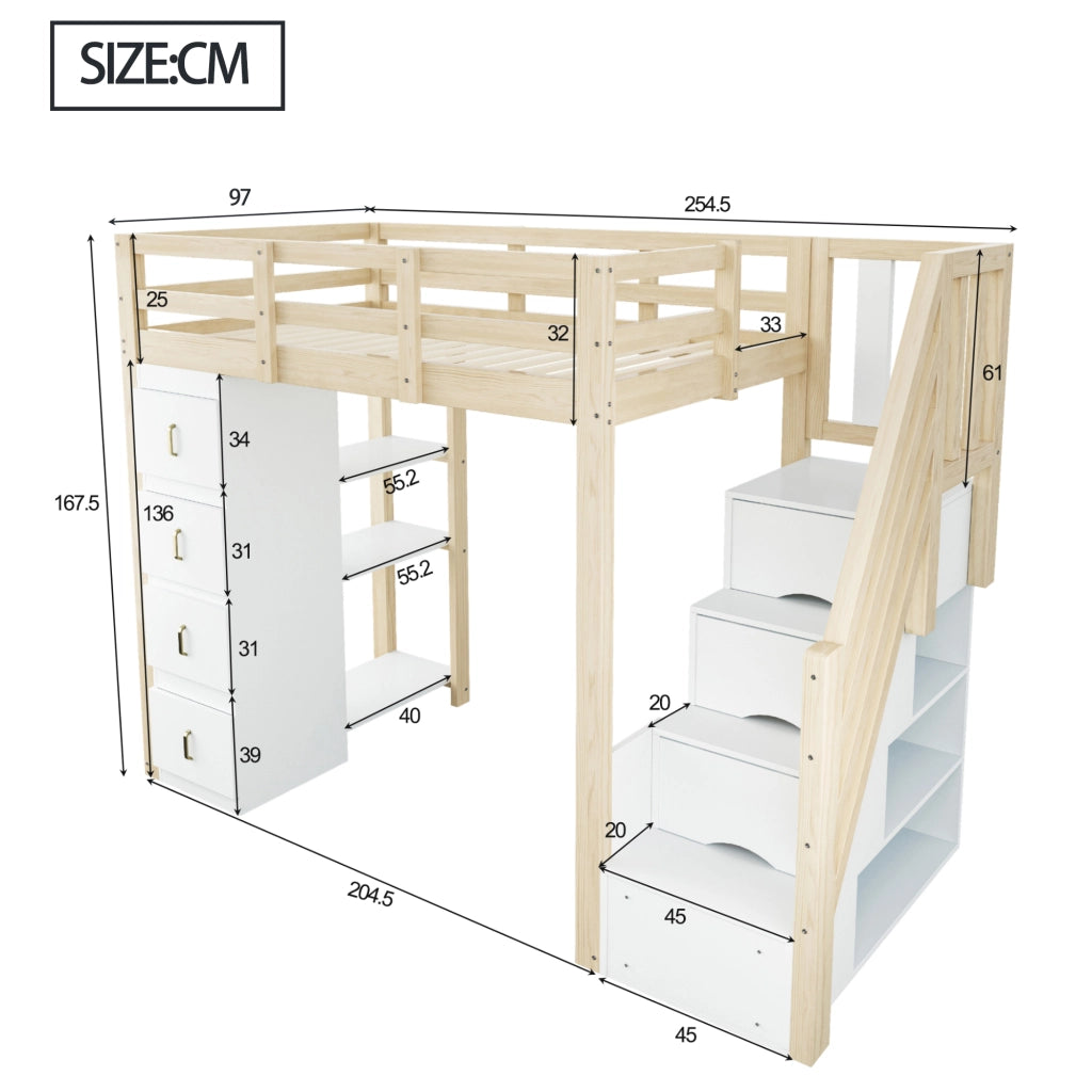 Letto a soppalco 90x200 cm con cassetti contenitore in legno massello naturale