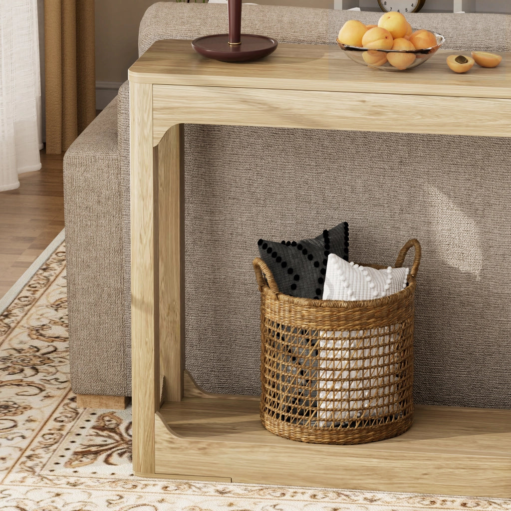 Consolle stretta con ripiani aperti in MDF colore naturale per ingresso e dietro il divano lunghezza 140 cm