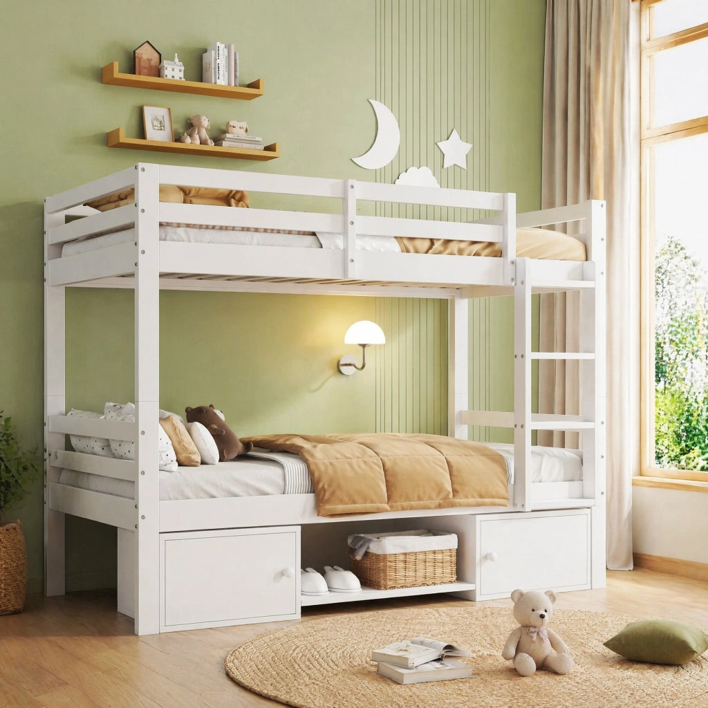Letto a castello 90 × 200 cm divisibile in due letti singoli con ripiani e scomparti in legno bianco