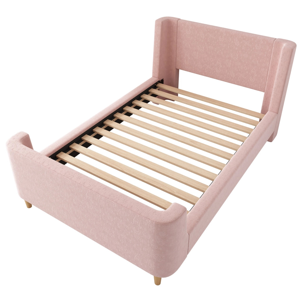 Letto Singolo per Bambini 90x200 cm in Velluto Rosa con Struttura a Slitta e Motivo Cosmico