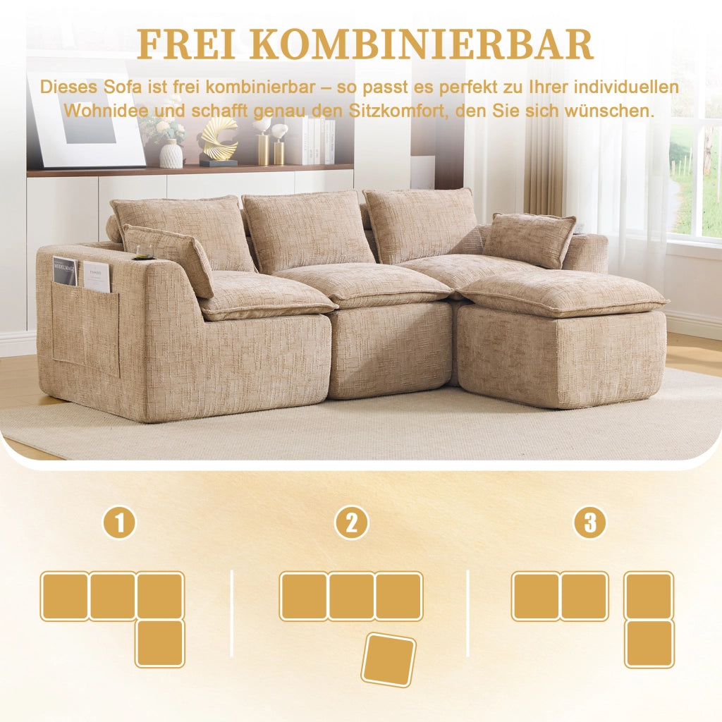 Divano modulare 3 posti con pouf; cuscini e tasche laterali; in chenille khaki