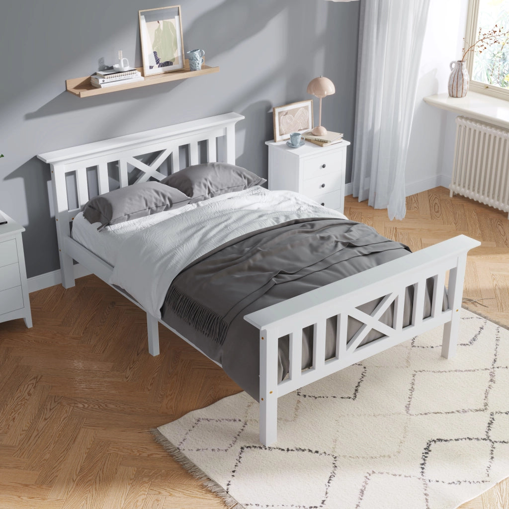 Letto Singolo in Pino Massello con Testiera e Doghe ¨C MINIMAL ¨C Bianco 90x200