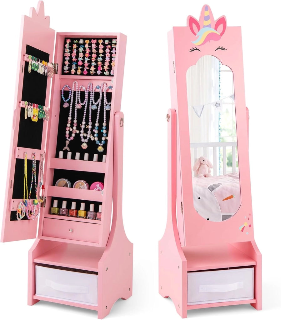 Armadietto Portagioie per Bambini 31,5 x 30 x 115cm, Specchio a Figura Intera a Forma di Unicorno con Ganci, Ripiani e Cassetti, Specchiera da Toeletta per Cameretta (Rosa)