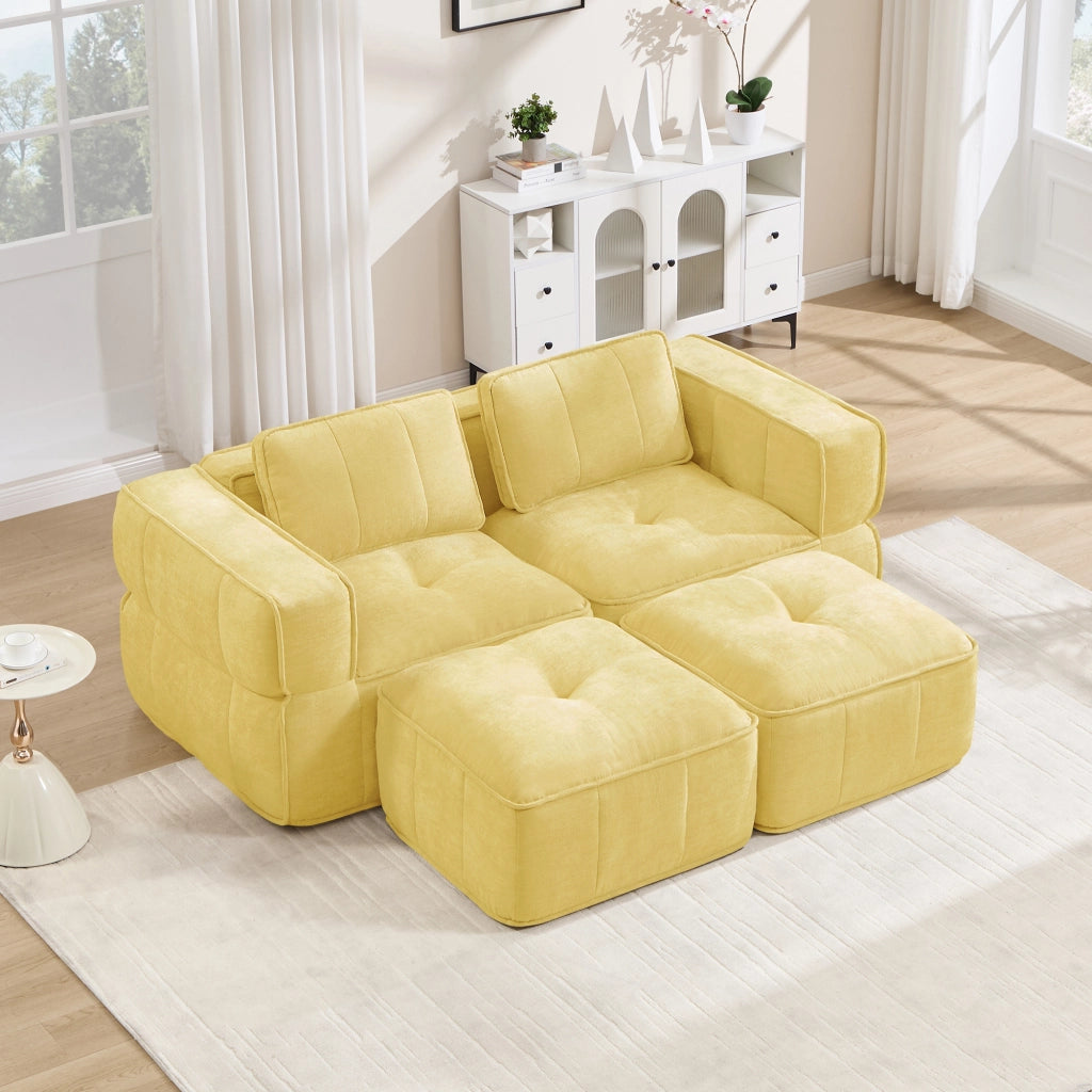 Divano modulare 2 posti con 2 pouf in poliestere giallo 198x162x67 cm