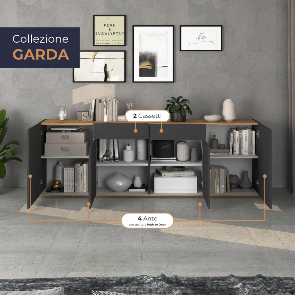 WHOUS Madia Garda a 4 ante e 2 cassetti antracite opaco/rovere 200x35x71 cm