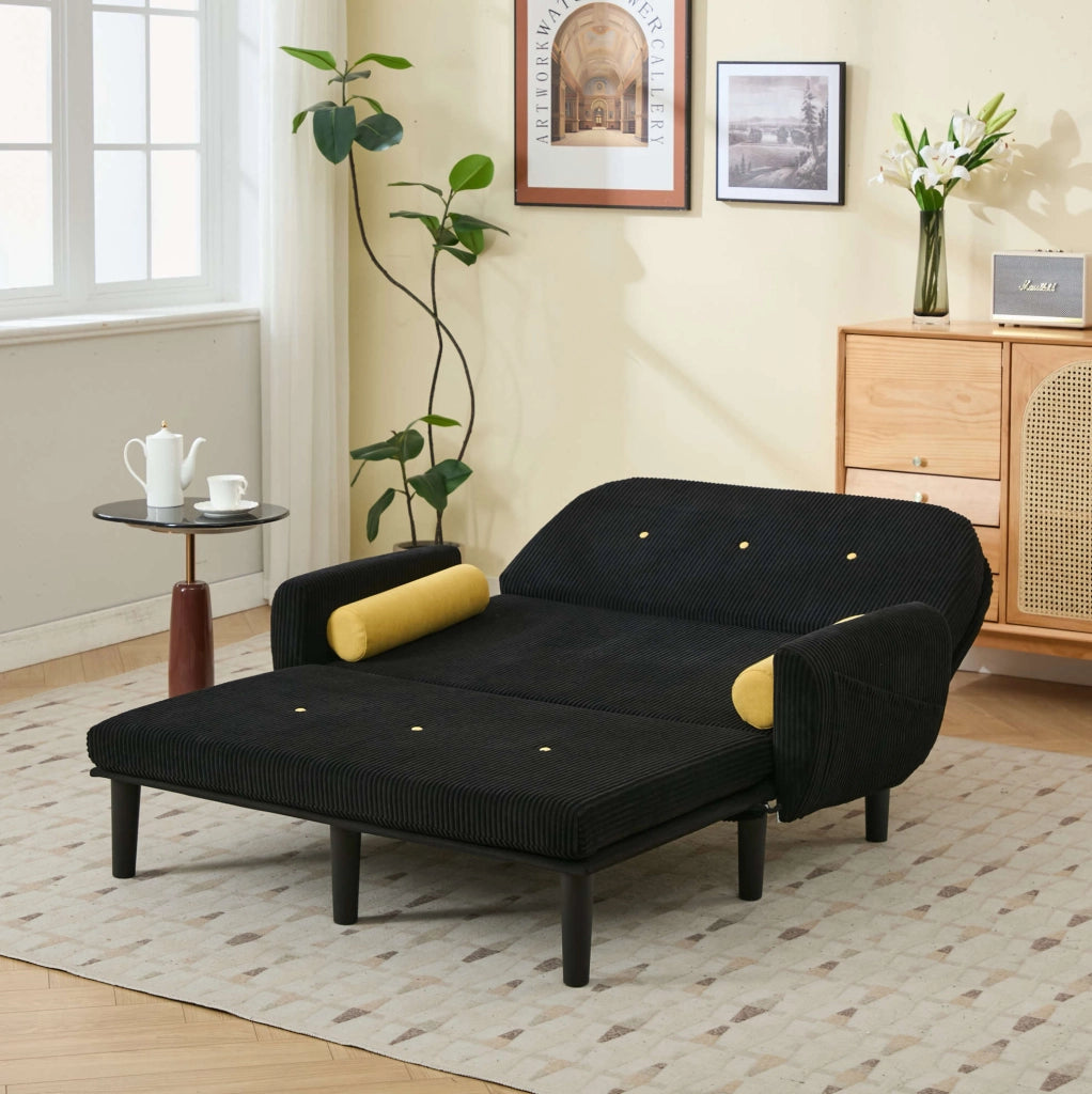 Divano Loveseat nero in velluto con struttura in metallo, schienale regolabile e cuscini cilindrici