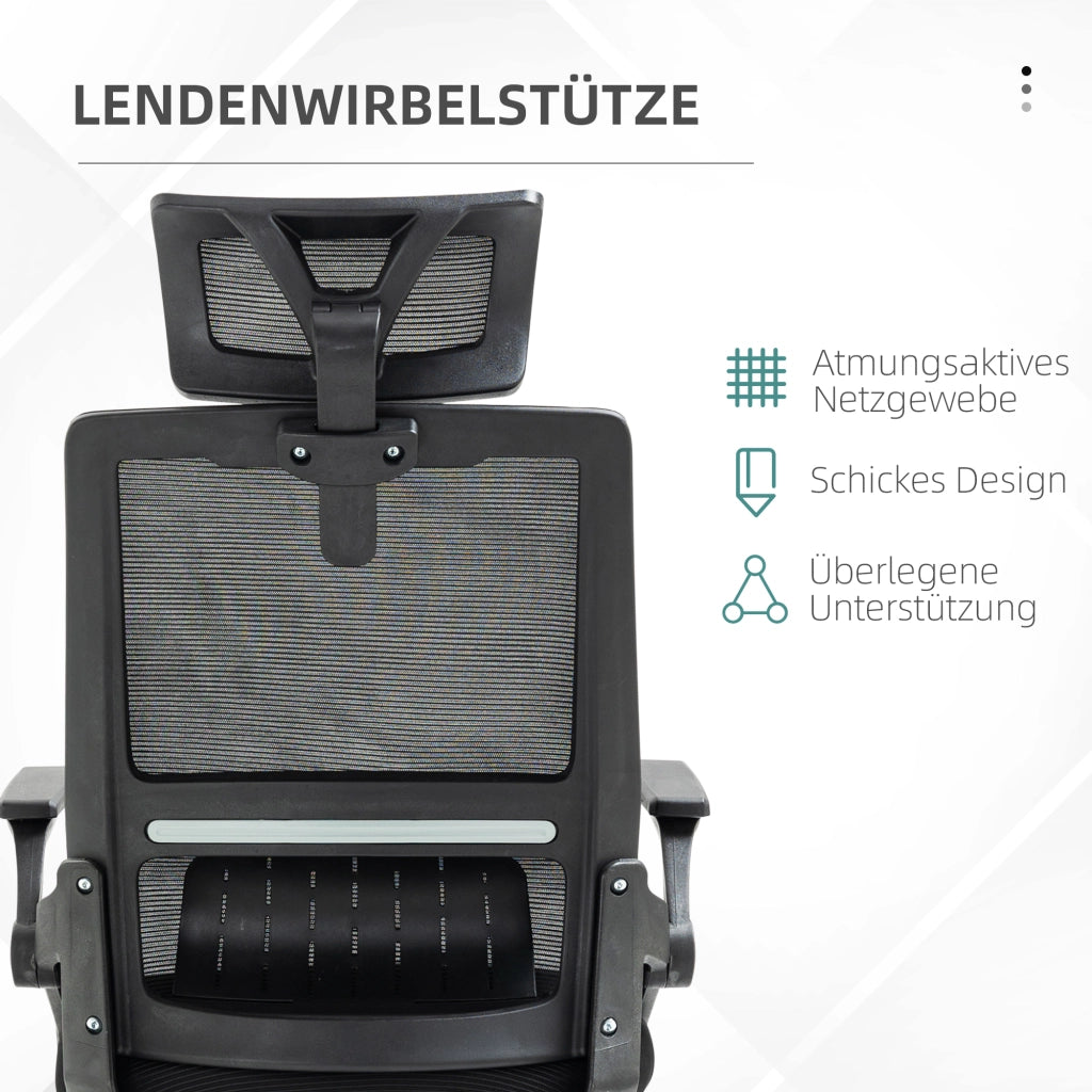Sedia da ufficio ergonomica girevole con poggiatesta e supporto lombare in rete nera