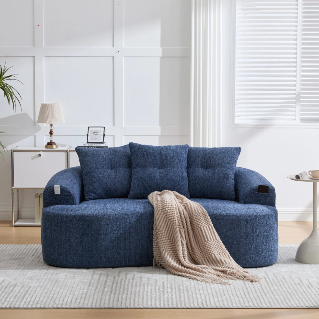 Divano 2 posti in chenille blu con cuscini profondi, senza molle, 164x92x60 cm