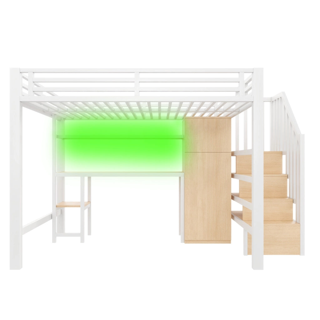 Letto a Soppalco 140x200 cm con Scrivania; Armadio; Mensola LED; Scala - Bianco
