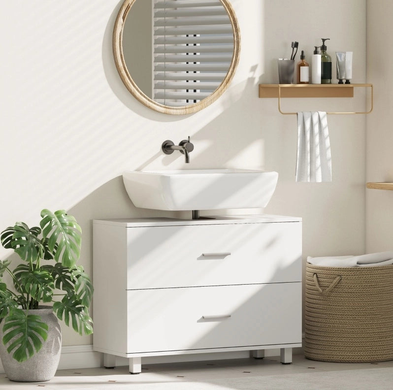 Mobile sottolavabo 80x30x60 cm in legno bianco, 2 cassetti